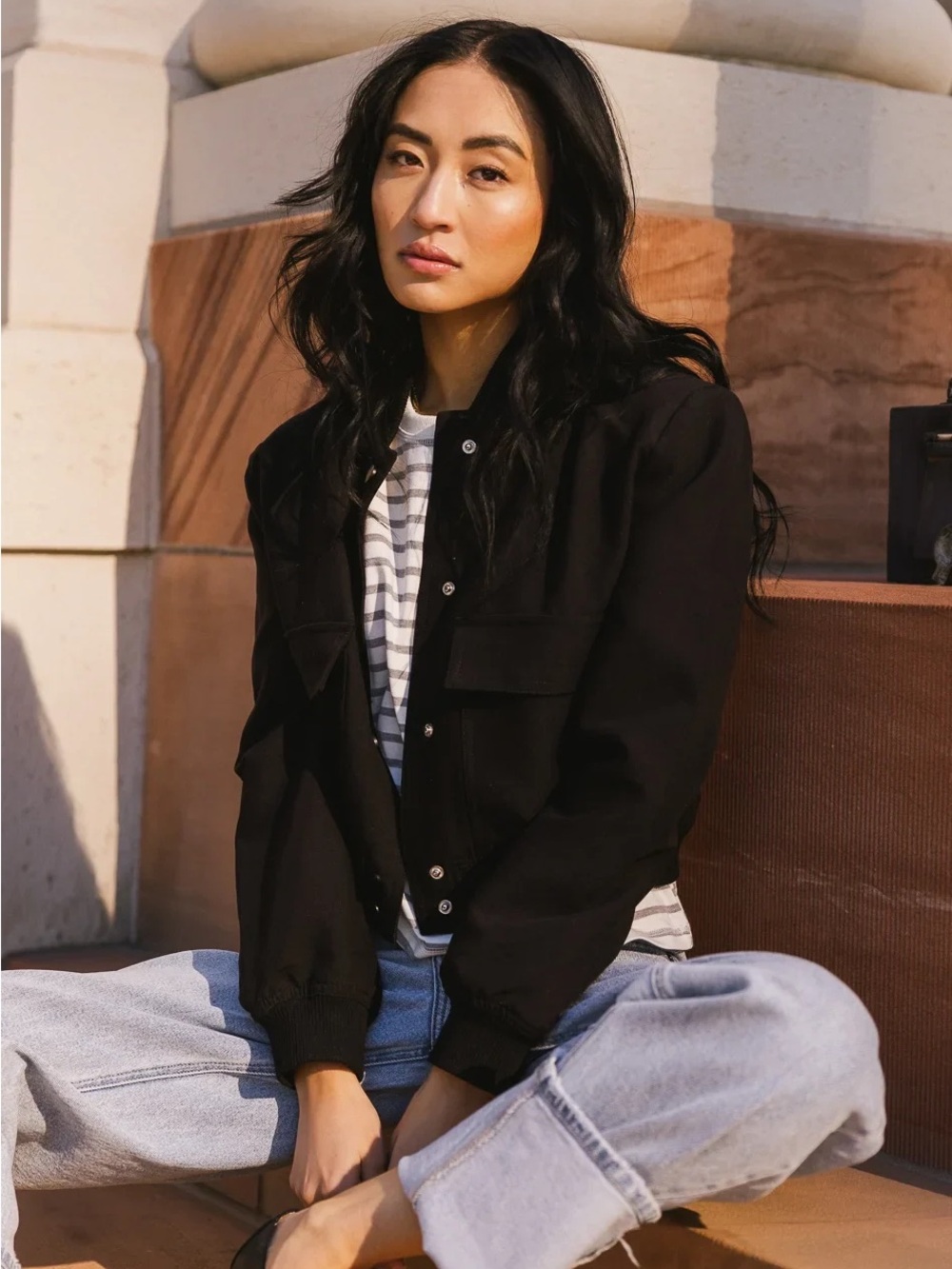 Classic Women's Cropped Bomber Jacket in Black